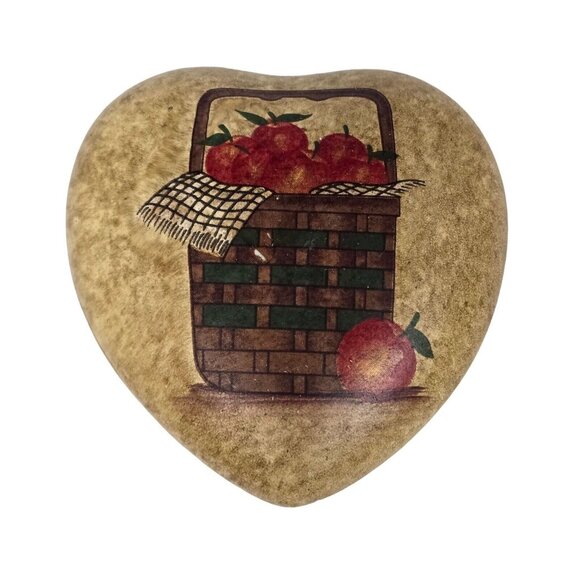 Vintage Heart-Shaped Ceramic Trinket Box Apples Basket Country Chic Home Decor - Picture 2 of 7